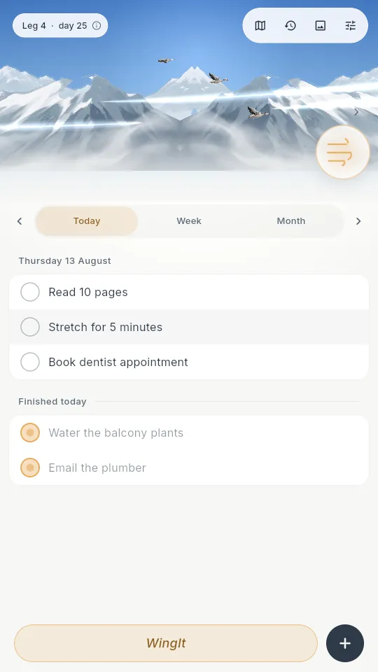 The WingIt Today screen: a painted mountain sky above a list of tasks such as “Water the balcony plants” and “Read 10 pages”, with a WingIt release button.